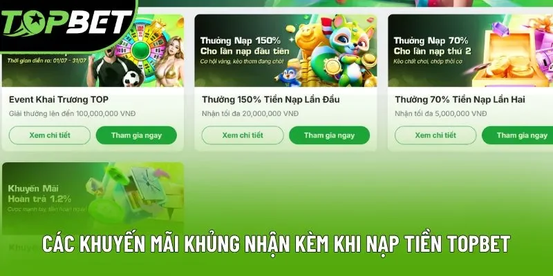 Các khuyến mãi khủng nhận kèm khi nạp tiền Topbet